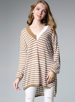 Loose Striped Hit Color Long Sleeve Knitted T-shirt