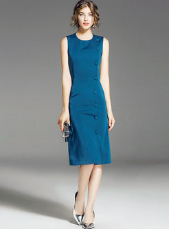 Blue Stylish Sleeveless Single-breasted Bodycon Dress