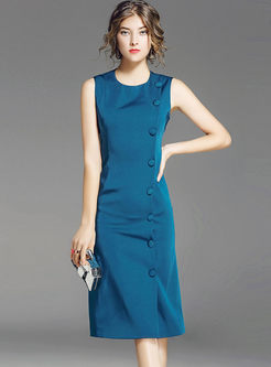 Blue Stylish Sleeveless Single-breasted Bodycon Dress