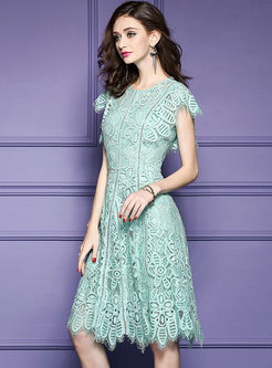 Green Elegant Lace High Waist Skater Dress