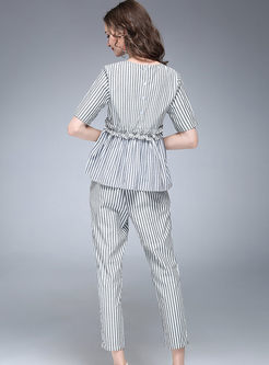 Sweet Gathered Waist Striped Embroidered Two-piece Outfits