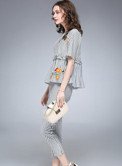 Sweet Gathered Waist Striped Embroidered Two-piece Outfits