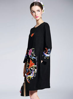 Ethnic Embroidered Loose Long Sleeve Shift Dress