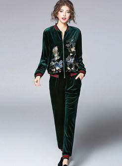 Causal Velvet Embroidered Long Sleeve Two-piece Outfits