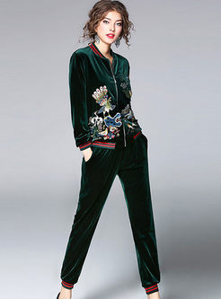 Causal Velvet Embroidered Long Sleeve Two-piece Outfits