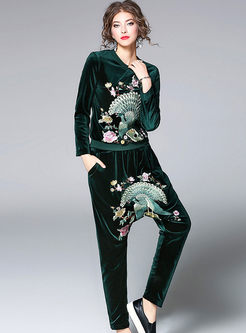 Peacock Design Embroidered Velvet Two-piece Outfits