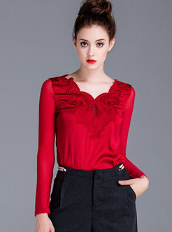 Red Lace Embroidered Long Sleeve Blouse