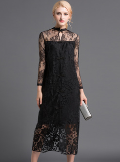 Black Sexy Lace Perspective Straight Dress
