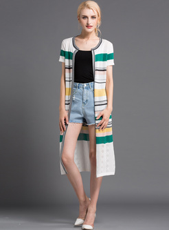 Chic Color-blocked Striped Straight Knitted Coat