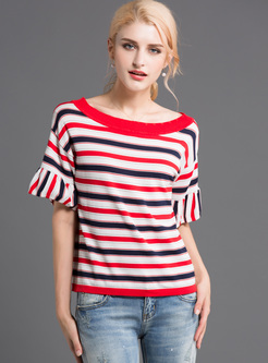 Casual Striped Flare Sleeve Knitted T-shirt