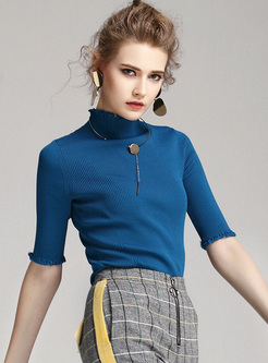 Blue Elegant Half Sleeve Falbala Sweater