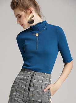 Blue Elegant Half Sleeve Falbala Sweater