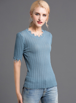 Blue Half Sleeve Falbala Sweater