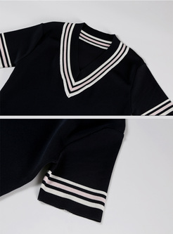 Casual Color-blocked Striped Short Sleeve Sweater