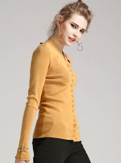 Yellow Hollow Single-breasted Slim Sweater