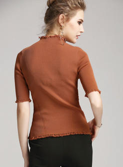Brown Elegant Half Sleeve Falbala Sweater