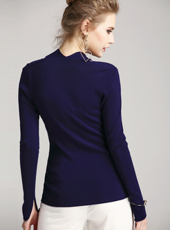 Blue Hollow Single-breasted Slim Sweater