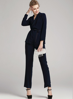 Blue Elegant Notched Neck Slim Two-piece Outfits