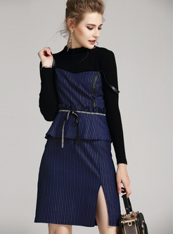 Black Knitted Sweater & Slim Split Striped Overall