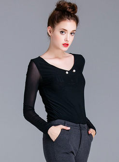 Mesh Hollow Out Stitching Long Sleeve T-shirt