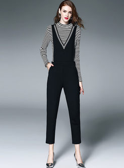 Causal Striped Long Sleeve Knitted T-shirt & V-neck Pencil Overalls