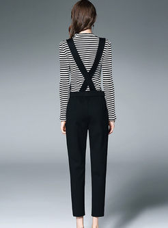 Causal Striped Long Sleeve Knitted T-shirt & V-neck Pencil Overalls
