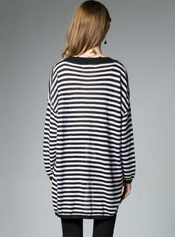 Loose Striped Hit Color Long Sleeve Knitted T-shirt