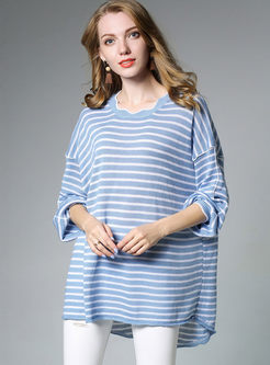 Causal Striped Batwing Sleeve Knitted T-shirt
