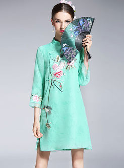 Vintage Silk Lace Embroidered Improved Cheongsam Shift Dress