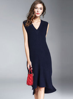 Blue Sleeveless V-neck Asymmetry Knitted Dress