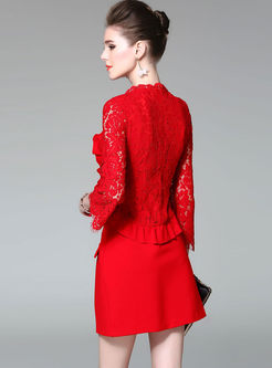 Red Lace Splicing Long Sleeve Skater Dress