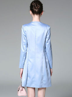 Blue Slim V-neck Long Sleeve Coat