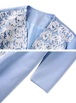 Blue Slim V-neck Long Sleeve Coat
