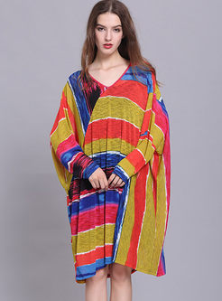 Hit Color Batwing Sleeve Knitted Dress