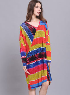 Hit Color Batwing Sleeve Knitted Dress