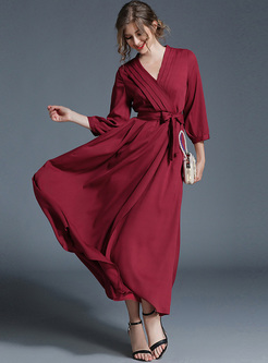 Red V-neck High Waist Maxi Dress