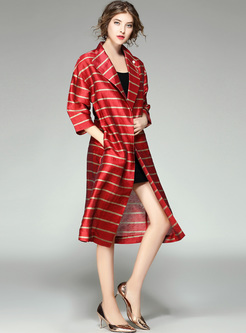 Oversized Notched Collar Striped Trench Coat