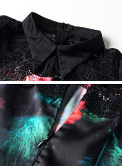 Black Floral Print Turn Down Collar Blouse