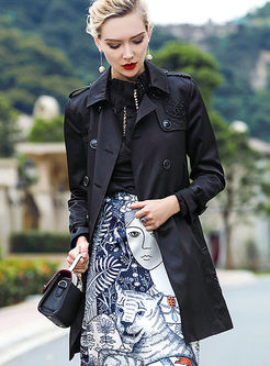 Black Embroidered Long Sleeve Trench Coat