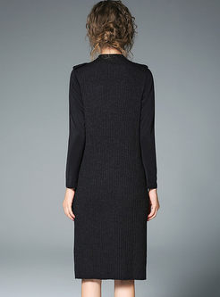 Black Sleeveless Slit Long Sleeve Knitted Dress