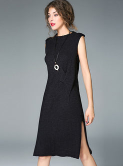 Black Sleeveless Slit Long Sleeve Knitted Dress