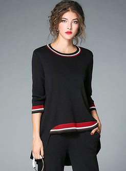 Brief Hit Color Asymmetry Hem Knitted Sweater