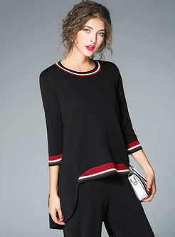Brief Hit Color Asymmetry Hem Knitted Sweater