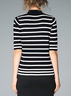 Striped Stand Collar Half Sleeve Slim Knitted Sweater