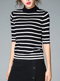 Striped Stand Collar Half Sleeve Slim Knitted Sweater