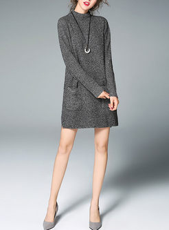 Stylish Pocket Stand Collar Wool Knitted Dress