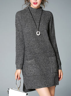 Stylish Pocket Stand Collar Wool Knitted Dress