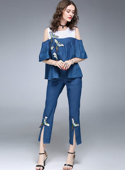 Blue Off Shoulder Batwing Sleeve Embroidered Two-piece Outfits