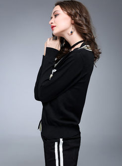 Causal Embroidered V-neck Long Sleeve Sweater