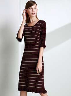 Brief Striped Color-blocked Falbala Knitted Dress